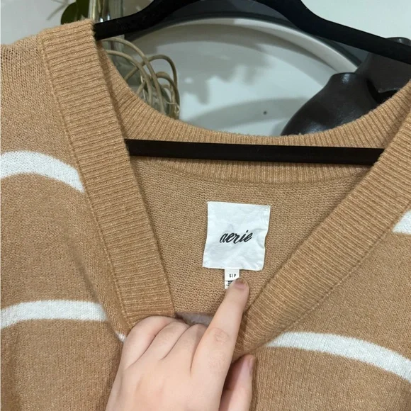 Aerie V-Neck Sweater - Brown and White Stripes size small - Picture 3 of 7